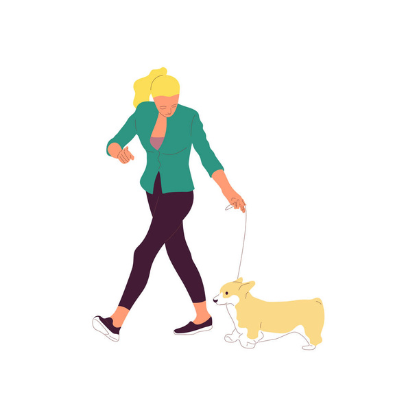 Fiatal lány van gyaloglás-val egy kutya-ra egy póráz. Izolált fehér b - Vektor, kép
