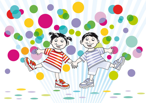 Duas crianças e pontos coloridos
 - Vetor, Imagem