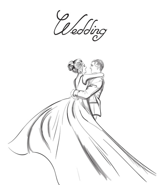 Весільна пара Векторна лінія мистецтва. Прекрасні обійми для пари. Наречений і наречений силует старовинного стилю. Красива довга сукня. Шаблон для карт дизайну
 - Вектор, зображення