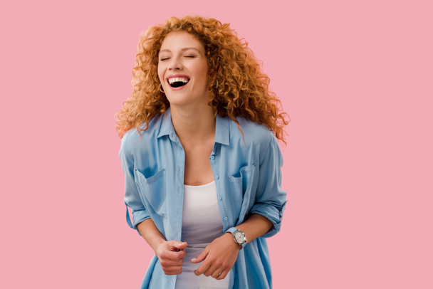 beautiful laughing redhead woman Isolated On pink - Photo, Image
