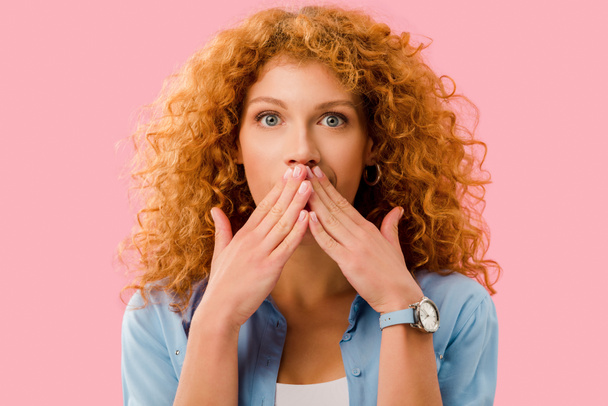 surprised attractive redhead woman isolated on pink - Photo, Image