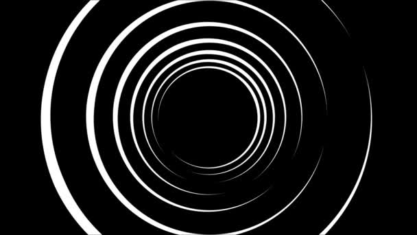 Zwart-wit oneindige tunnel van cirkels beweegt langzaam op zwarte achtergrond. Animatie. Vliegen door monochrome tunnel van ringen, naadloze lus. - Video