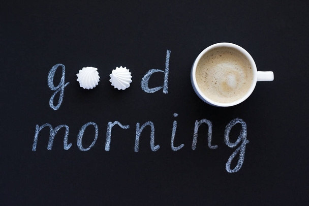Text Good morning with chalk on black background - Foto, imagen