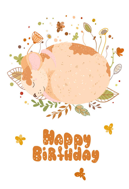 The little rat mouse sleeps, curled up, with brown spots on the back. cute card - Vetor, Imagem