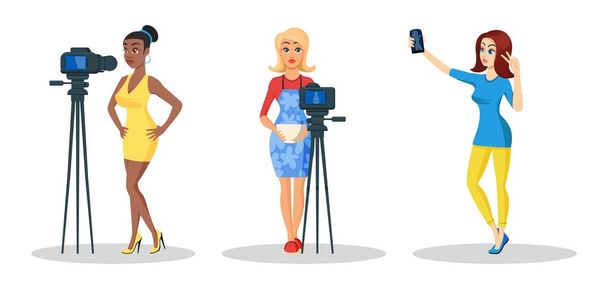 Vector set with young beautiful women recording video on camera, taking selfie. - Vector, Image