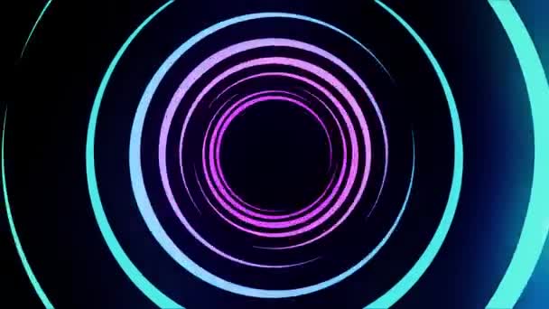 黒い背景、シームレスなループ上のカラフルな移動リングによって形成された抽象的な光トンネル。アニメーション。異なる速度で回転する青と紫のネオン円. - 映像、動画
