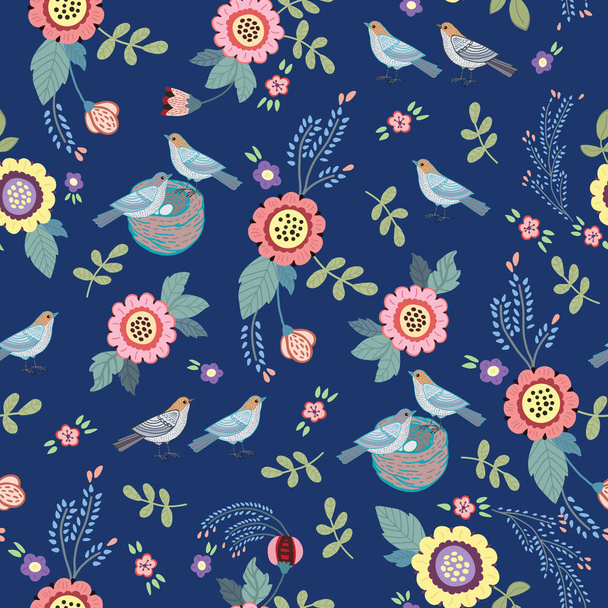 Vintage graphic seamless with birds and flowers, vector illustration - Vector, afbeelding