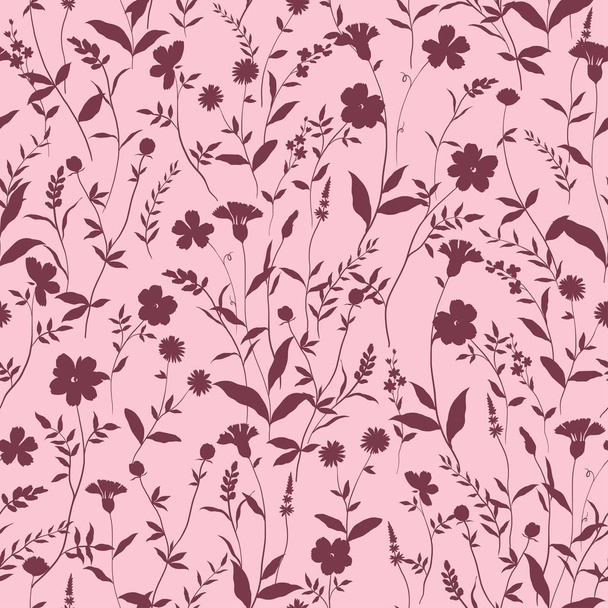 vector seamless delicate wild flowers silhouettes pattern - Wektor, obraz