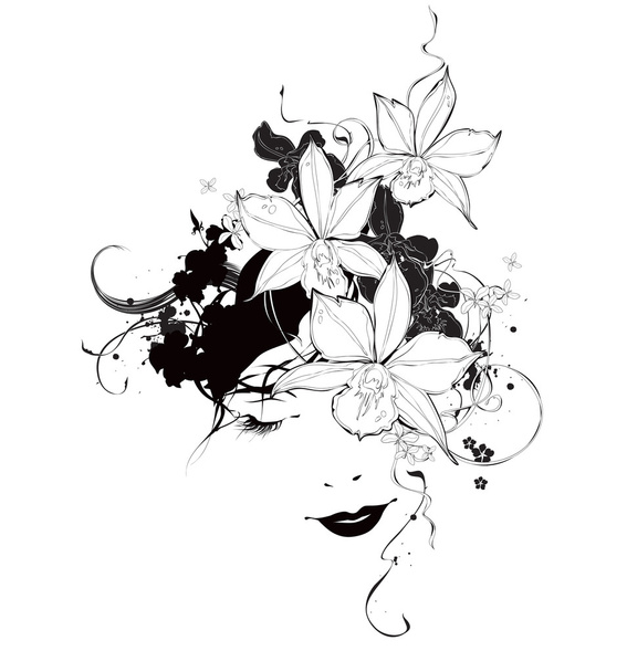 Vector black and white girl with orchid flowers - Vector, Image