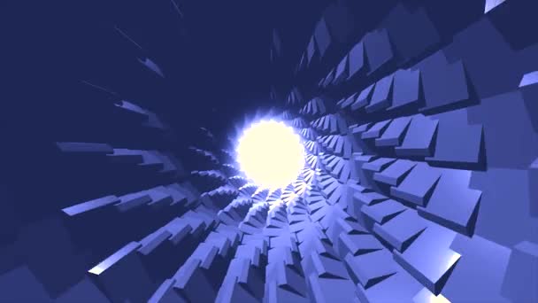 Vliegen binnen Cyber tunnel in eindeloze beweging met roterende delen van de shell, 3D-effect. Animatie. Uitzicht binnenkant van adembenemende blauwe buis met de heldere cirkel van wit licht. - Video