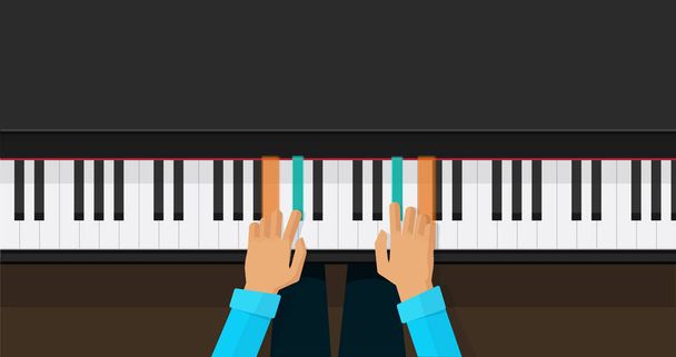 Piano keys with person hands learning play chords vector illustration, flat cartoon piano keyboard lesson app for studying top view image - ベクター画像