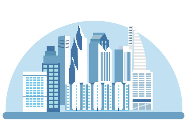 Stadt, Hochhäuser, Straßen. Ansicht der Attraktion, Logo. im minimalistischen Stil. Cartoon-Flachvektor - Vektor, Bild