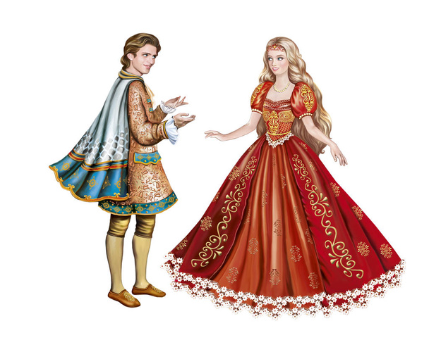 Illustration des schönen Prinzen und der Prinzessin, Heiratsangebot, Märchenfiguren isoliert auf weißem Hintergrund - Foto, Bild
