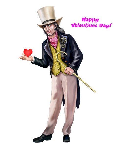 Illustrazione di gentiluomo in cilindro con il cuore in mano, biglietto di auguri per San Valentino, personaggio isolato su sfondo bianco
 - Foto, immagini
