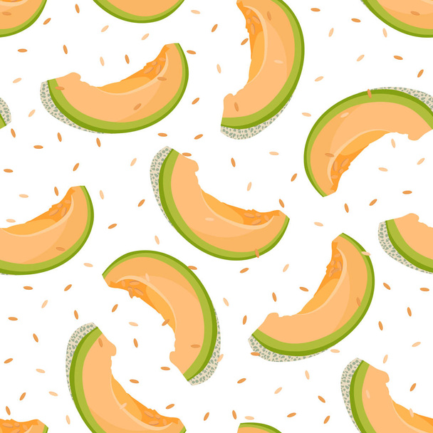 Melonenscheibe nahtloses Muster auf weißem Hintergrund mit Samen, frischer Cantaloupe Melonenmuster Hintergrund, Fruchtvektorillustration. - Vektor, Bild