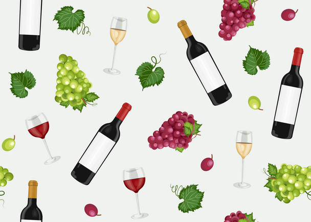Patrón inconsútil de racimo de uva con copas de vino tinto, blanco y botellas sobre fondo gris, fondo de patrón de uvas tintas y blancas, ilustración vectorial de vino tinto y blanco
. - Vector, imagen