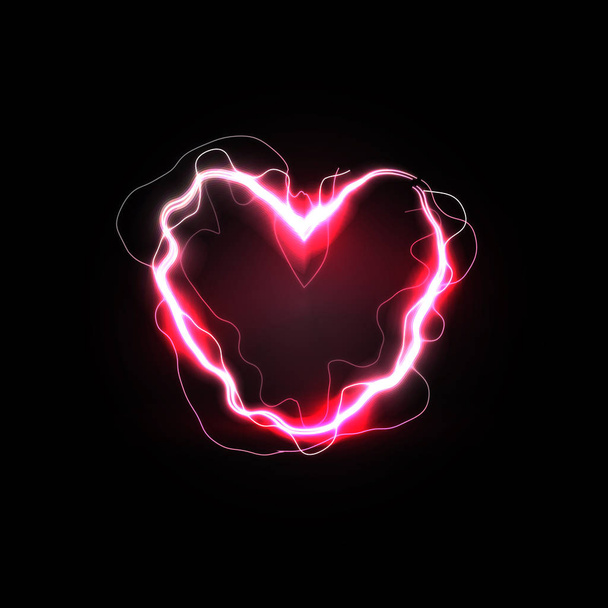 Hot relationships, fiery love and blazing passion symbol. Red lightning in heart shape. Isolated vector illustration on black background. - Vector, Image