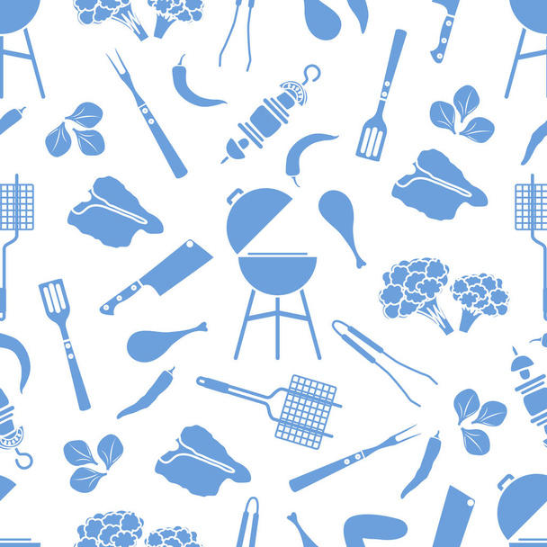Seamless pattern Grill, barbecue tools, food. BBQ - Vektor, kép