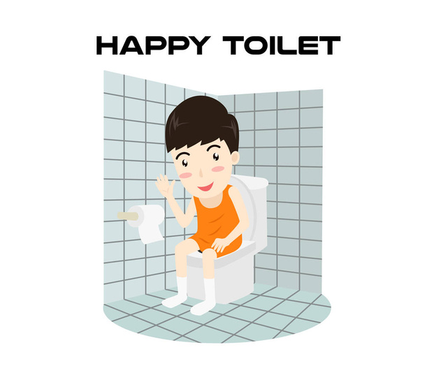 Κινούμενα σχέδια ευτυχισμένος άνθρωπος κάθεται σε μια τουαλέτα και χαμογελαστή απομονωμένη σε λευκό φόντο-απεικόνιση διάνυσμα  - Διάνυσμα, εικόνα