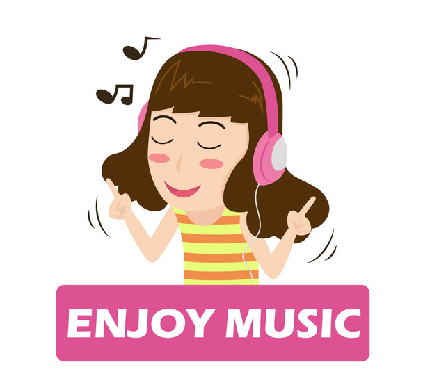 Ilustración vector de dibujos animados chica escuchar música en los auriculares - disfrutar de la vida
. - Vector, imagen