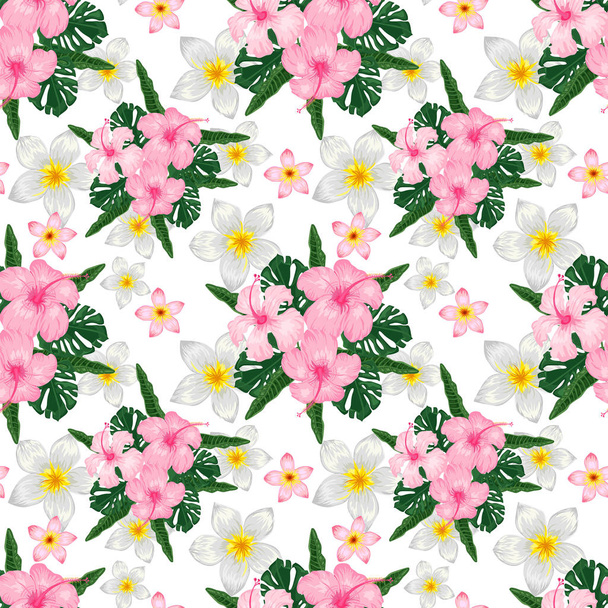 Seamless pattern with tropical flowers on white background. - Vecteur, image