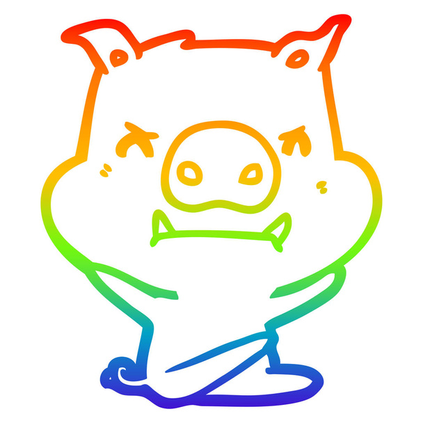 Regenbogen-Gradienten-Linie zeichnet wütende Karikatur Schwein werfen Wutanfall - Vektor, Bild