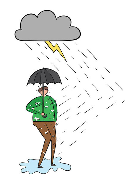 Дождь идет, и человек промокает, хотя он открывает амбрел.
 - Вектор,изображение