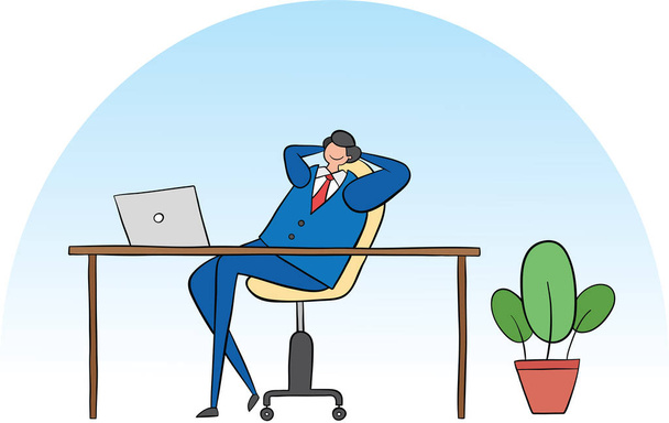 Business man very happy and sitting at his desk. - Vector, Image