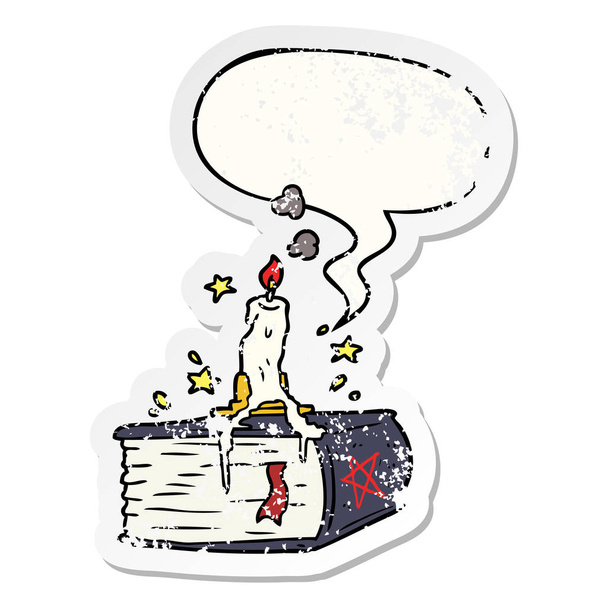 cartoon spooky spellbook and dribbling candle and speech bubble  - Vector, Image