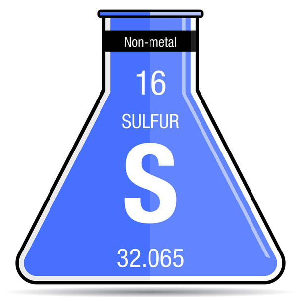 Símbolo de azufre en frasco químico. Elemento número 16 de la Tabla Periódica de los Elementos Química
 - Vector, Imagen