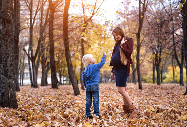 小さなブロンドの男の子は、彼の妊娠中の母親に黄色の葉を与えます。背景に秋の公園 - 写真・画像