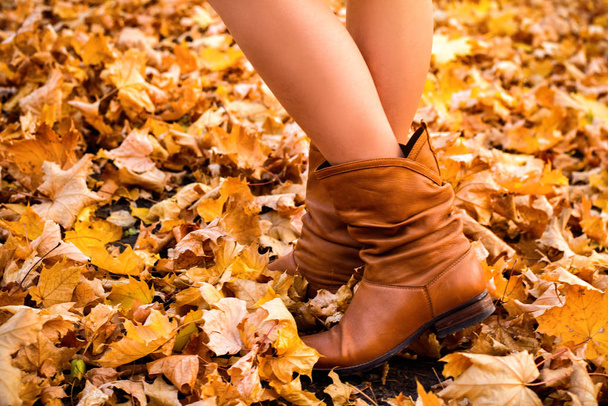 Pernas femininas em botas castanhas. Folhagem amarela sob os pés. Conceito de outono
 - Foto, Imagem