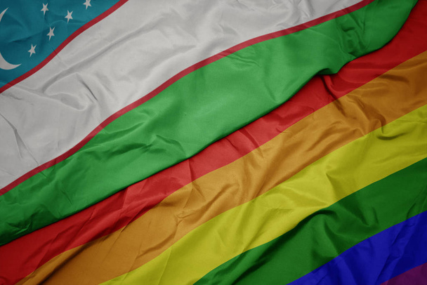 renkli gay gökkuşağı bayrağı ve özbekistan ulusal bayrağı sallayarak. - Fotoğraf, Görsel
