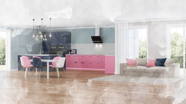 モダンな家のインテリア。ピンクのキッチン水彩。3D レンダリング. - 写真・画像