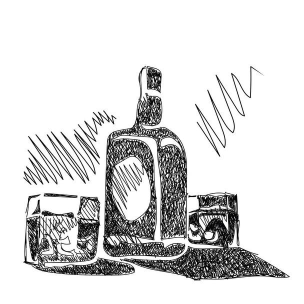 Bouteille de whisky avec des verres croquis
 - Vecteur, image