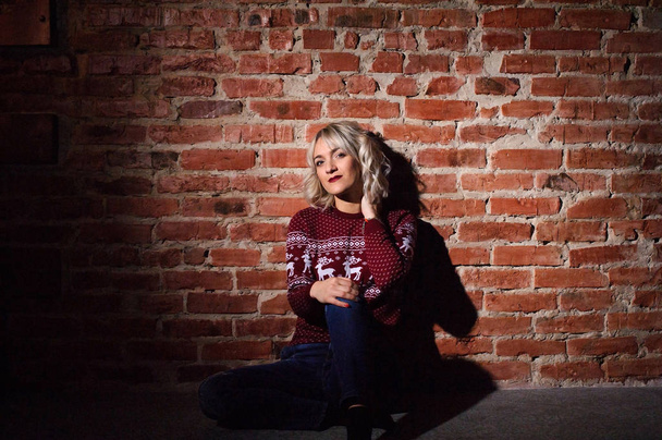 young woman in red pullover near the brick wall - Foto, immagini