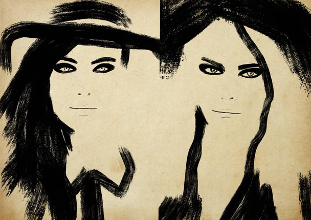 Illustration de mode vintage look deux filles avec des chapeaux en noir et blanc
 - Photo, image