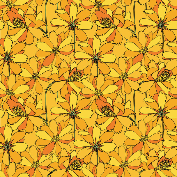 Kosmos żółte kwiaty bezszwowe wzór. Ręcznie rysowane roślina tło wektor ilustracja dla www, do druku, do druku tkanin - Wektor, obraz