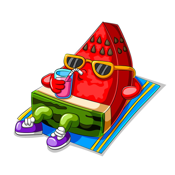 funny watermelon cartoon sunbathing and drinking juice - Vector, Image