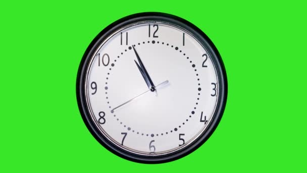 Hiper-lapso de um relógio de parede moderno simples na frente de uma tela verde que vai de onze até cinco a doze
 - Filmagem, Vídeo