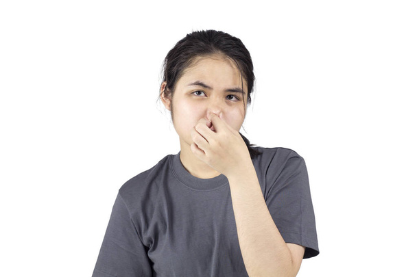 Dziewczyna wycisnąć nos emocje zapach faul - Zdjęcie, obraz