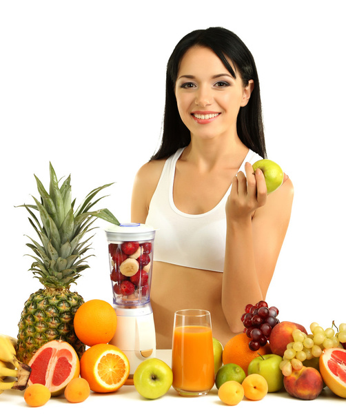 Девушка со свежими фруктами изолированы на белом
 - Фото, изображение