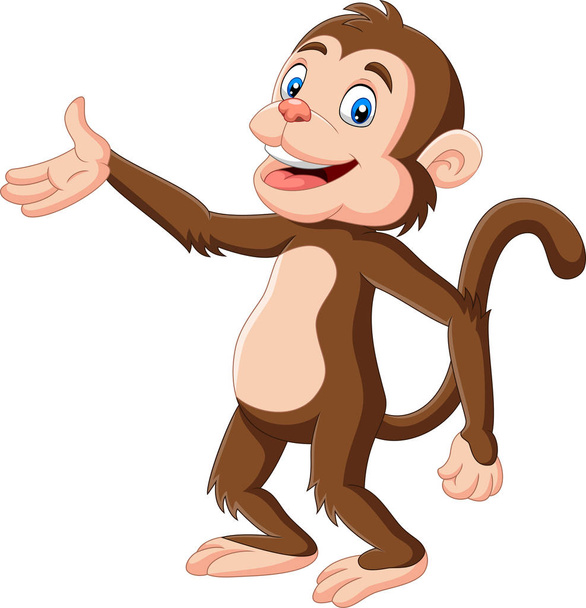 Ilustración vectorial de dibujos animados mono feliz presentando sobre fondo blanco
 - Vector, imagen
