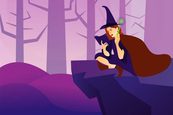 Halloween ünnep üdvözlőlap. Fiatal boszorkány vet egy varázslatot. - Vektor, kép