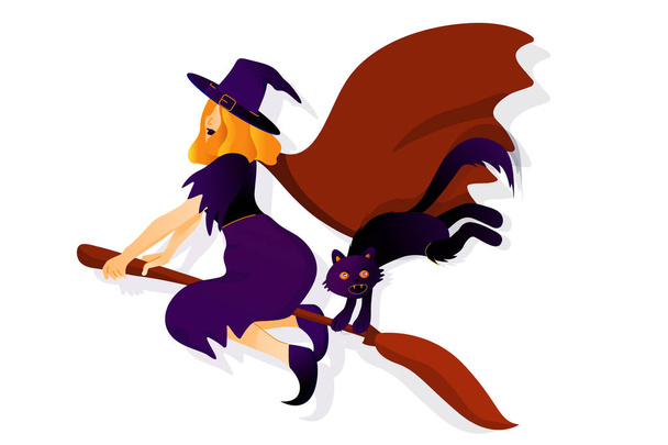 Halloween ünnep üdvözlőlap a boszorkány és a macska. Boszorkány repül a seprűnyél. - Vektor, kép