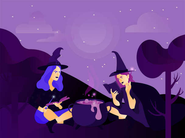 Поздравительная открытка на Хэллоуин. Молодые ведьмы готовят волшебное зелье в темном лесу.
. - Вектор,изображение
