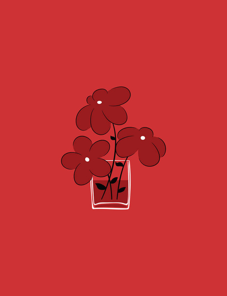 Vector illustration of three cute flowers in the glass of water. Bouquet of lush flowers with stalks and leaves in the square glass. - Vector, imagen
