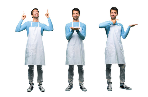 Set of Man wearing an apron holding copyspace, and pointing up - Φωτογραφία, εικόνα