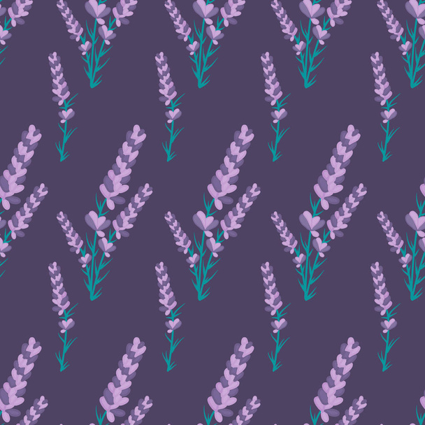 Flores de lavanda sobre un púrpura oscuro, en un diseño de patrón sin costuras
 - Vector, Imagen