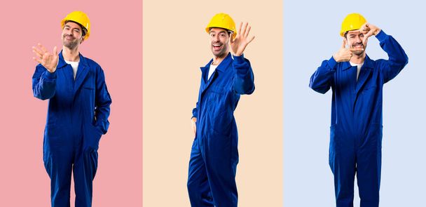 Set van jonge workman met helm saluting met de hand met Happy e - Foto, afbeelding
